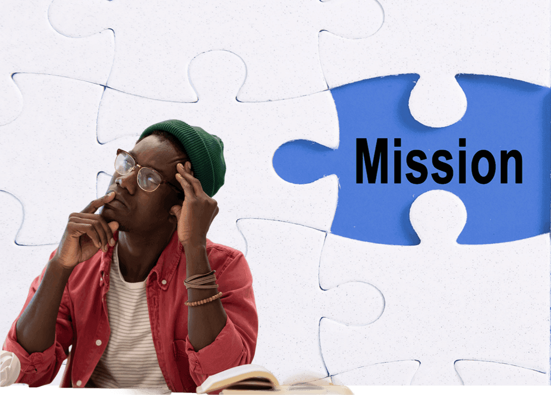 A student reflecting beside a puzzle piece labeled Mission