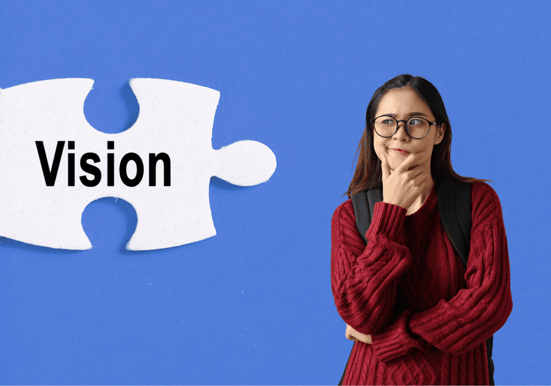 A newcomer standing beside a puzzle piece labeled Vision